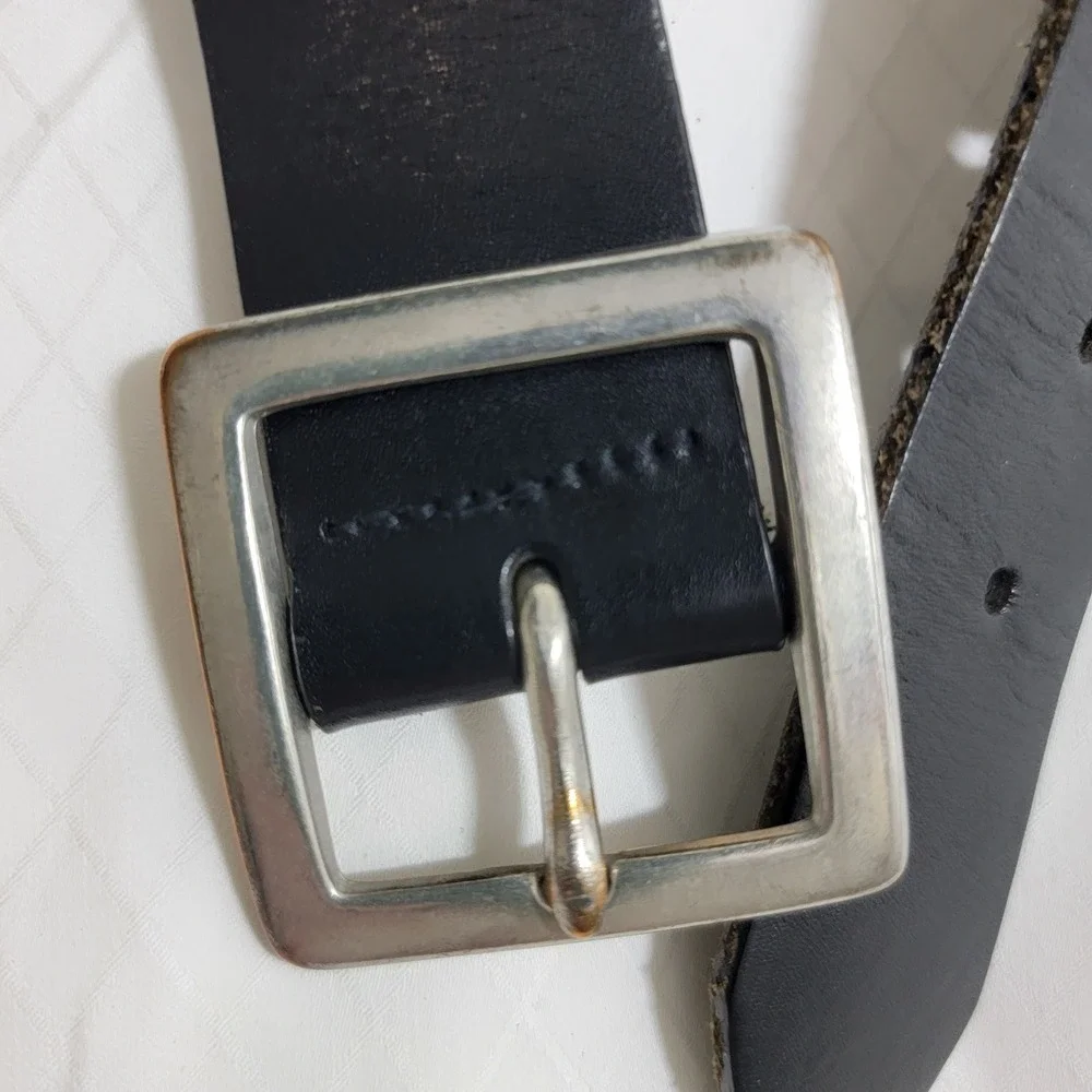 VTG Ann Taylor Black Leather Belt Made in England Silver Square Buckle Womens L